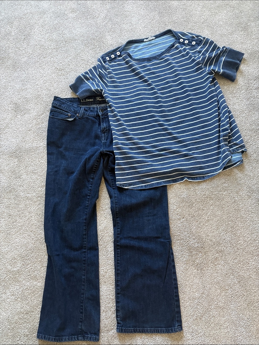 L.L. Bean Womenโs Dark Blue Boot-Cut Jeans & Striped top large bundle of 2